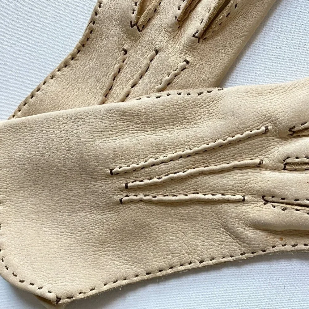 Vintage Light Camel Fine Deerskin Stitch Detail Gloves S